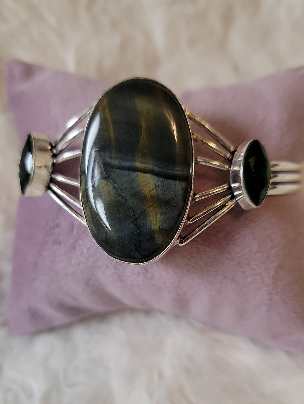 Sterling Silver Blue Tiger Eye Cuff Bracelet with Synthetic Emerald Accents